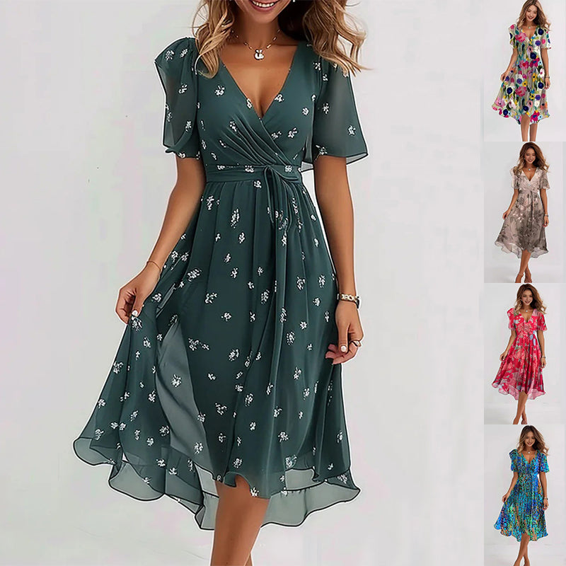 Elegantes Damen Kleid – Chiffon, Print, Kurzarm