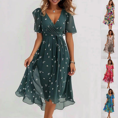 Elegantes Damen Kleid – Chiffon, Print, Kurzarm