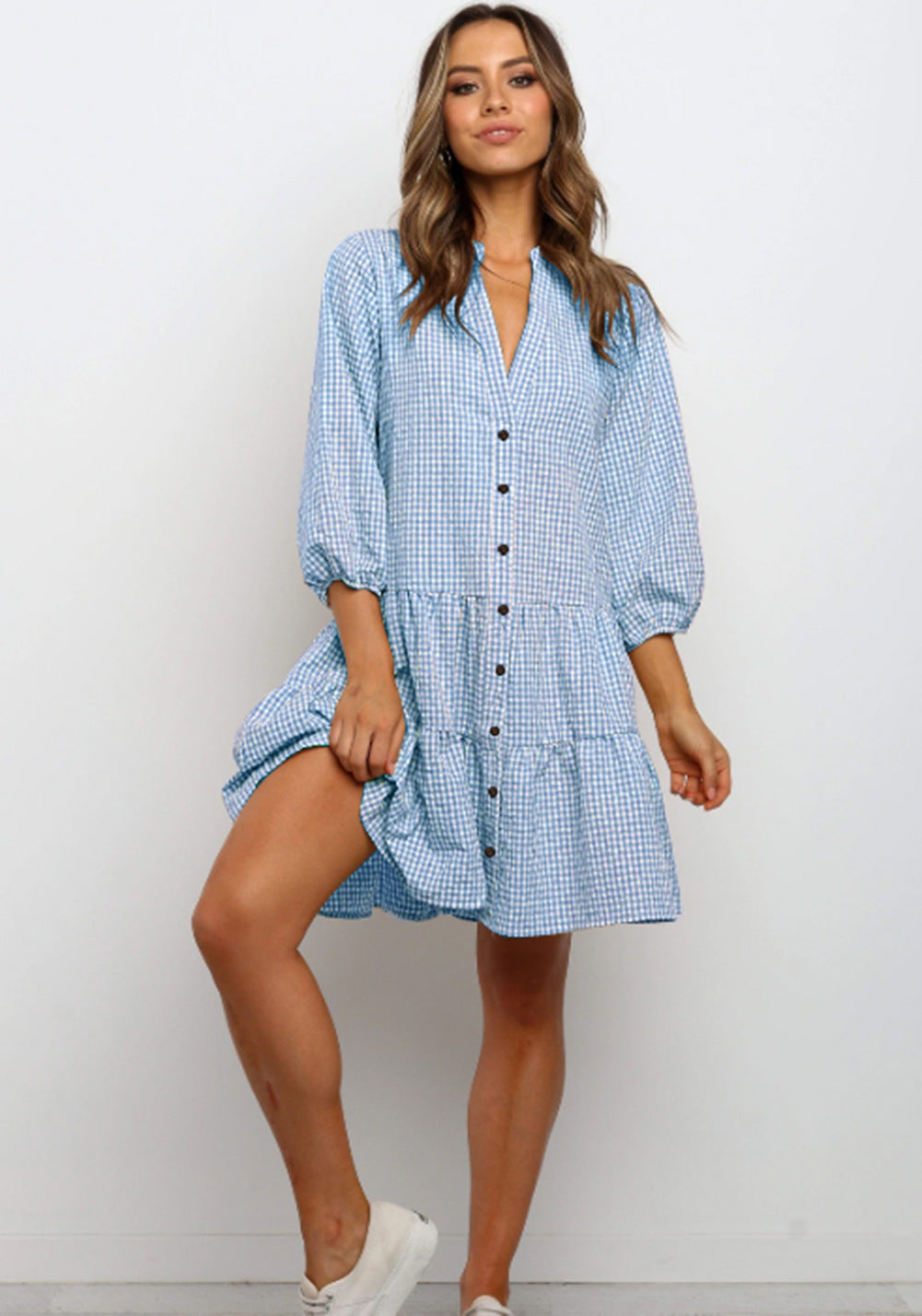 Damen Kleid – Kariert, 3/4 Ärmel