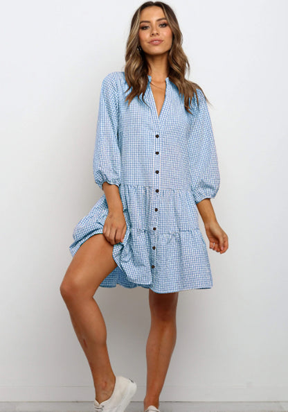 Damen Kleid – Kariert, 3/4 Ärmel