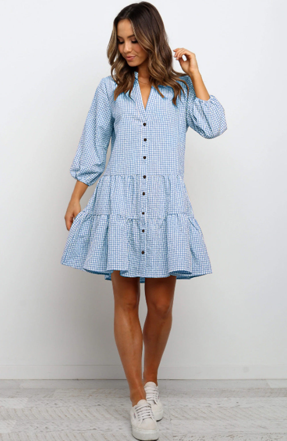 Damen Kleid – Kariert, 3/4 Ärmel