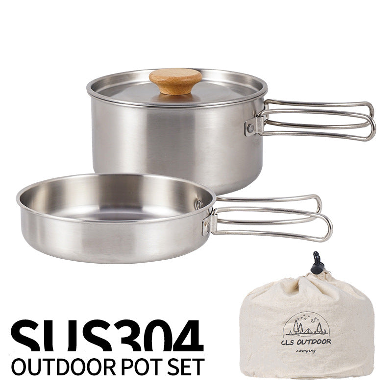 Outdoor Mountaineering 304 Stainless Steel Folding Handle Pot Camping Portable Frying Pan Soup Pot