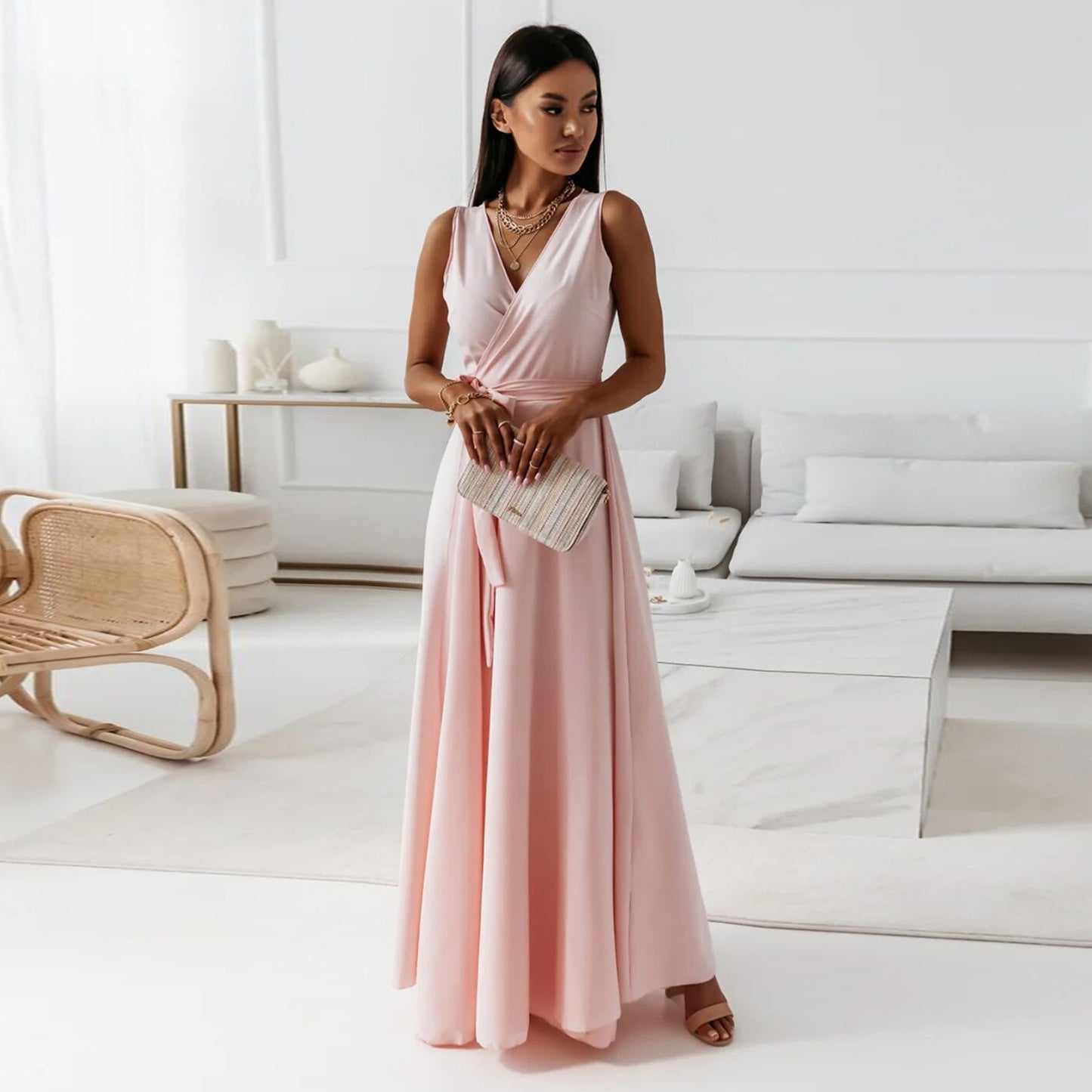 Damen Abendkleid – V-Ausschnitt, ärmellos, Gürtel