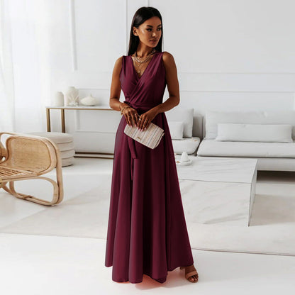 Damen Abendkleid – V-Ausschnitt, ärmellos, Gürtel