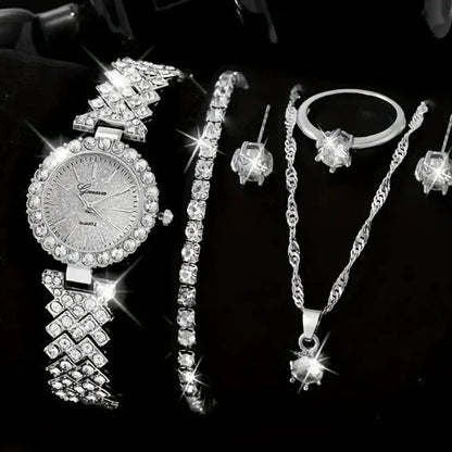 Elegantes Damen-Uhren Set 5 Teile, funkelnde Steinbesetzung