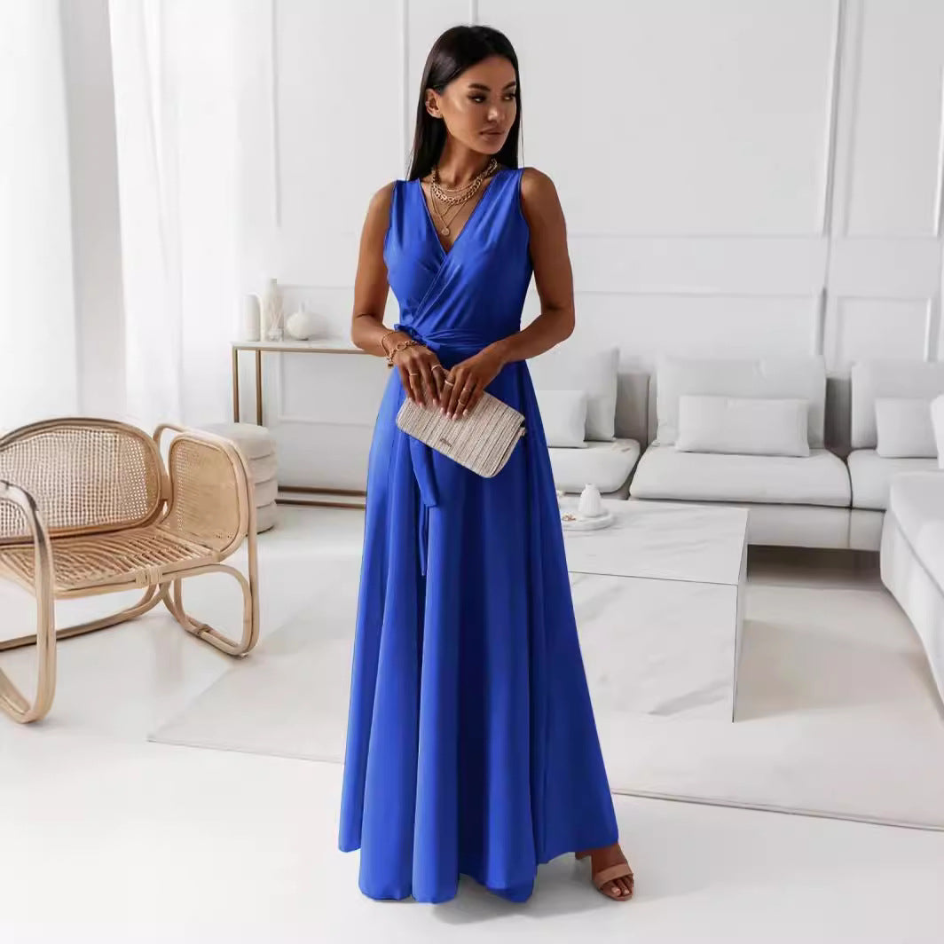 Damen Abendkleid – V-Ausschnitt, ärmellos, Gürtel