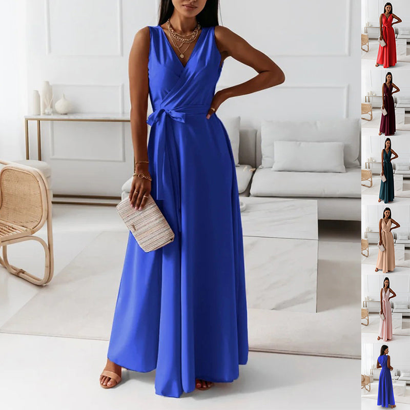 Damen Abendkleid – V-Ausschnitt, ärmellos, Gürtel