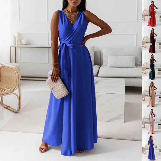 Damen Abendkleid – V-Ausschnitt, ärmellos, Gürtel