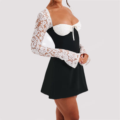 Damen Kurzkleid – Spitze, Langarm, Rücken offen