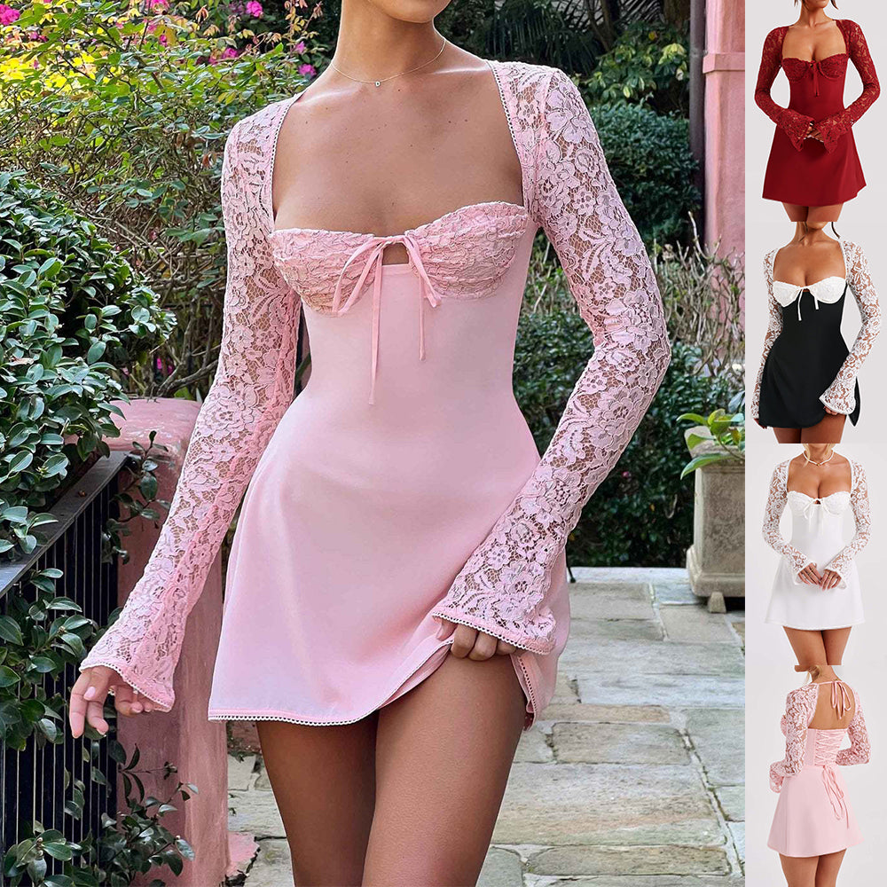 Damen Kurzkleid – Spitze, Langarm, Rücken offen