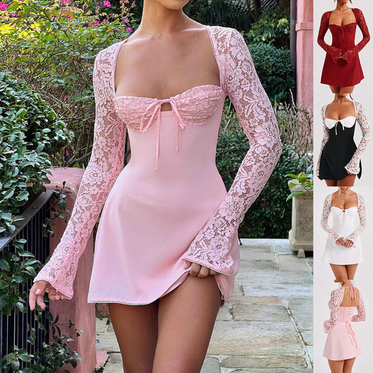 Damen Kurzkleid – Spitze, Langarm, Rücken offen