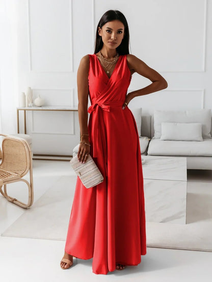 Damen Abendkleid – V-Ausschnitt, ärmellos, Gürtel