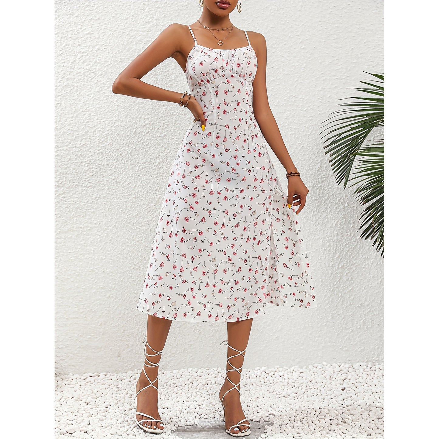 Damen Sommerkleid mit Punkten & Schlitz