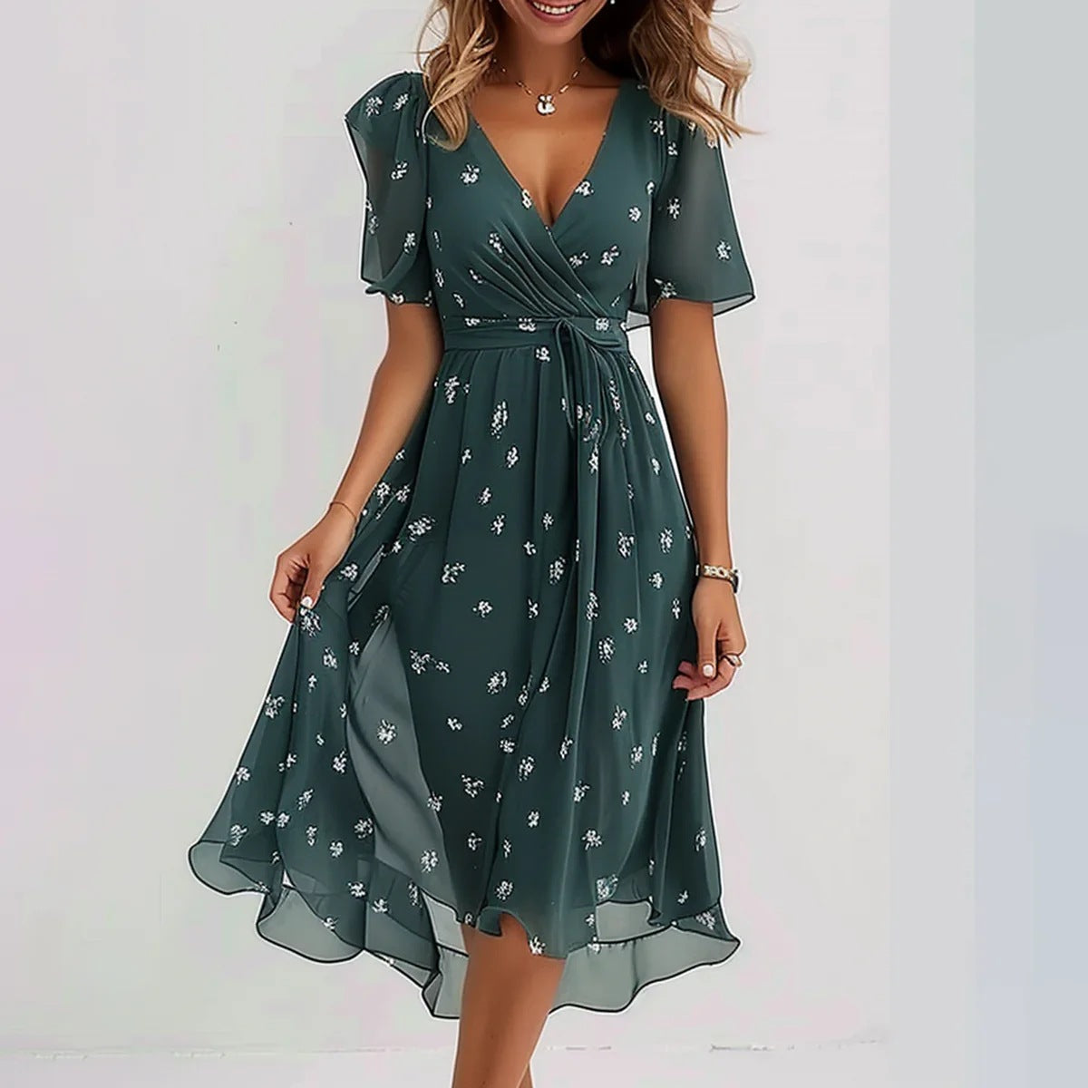 Elegantes Damen Kleid – Chiffon, Print, Kurzarm
