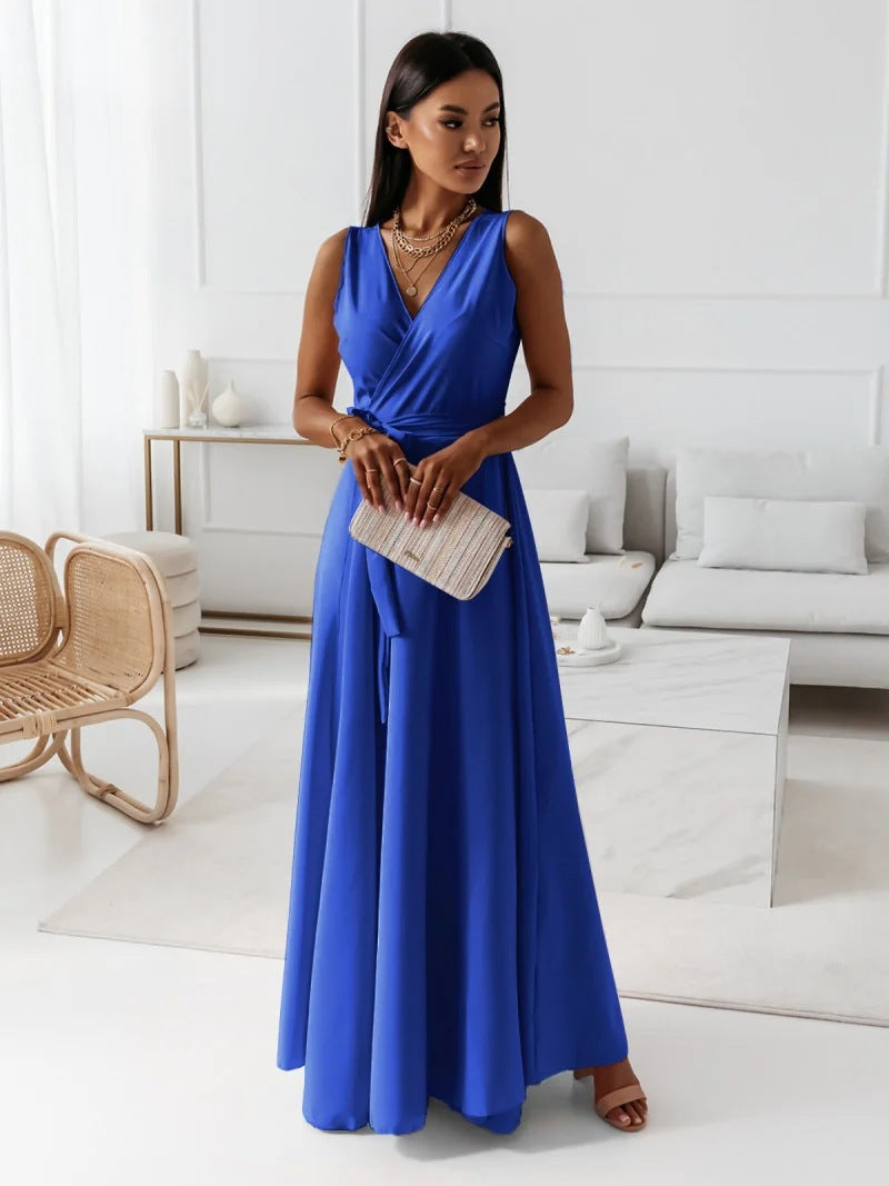 Damen Abendkleid – V-Ausschnitt, ärmellos, Gürtel