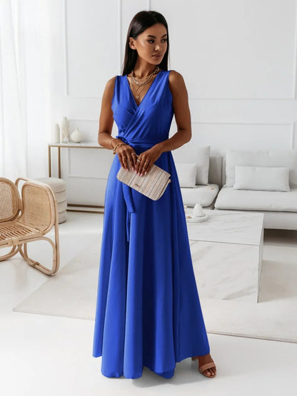 Damen Abendkleid – V-Ausschnitt, ärmellos, Gürtel