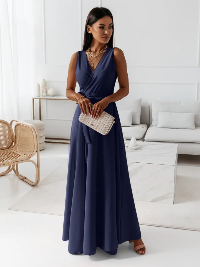 Damen Abendkleid – V-Ausschnitt, ärmellos, Gürtel