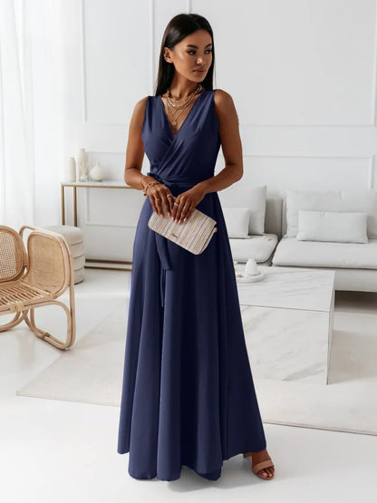 Damen Abendkleid – V-Ausschnitt, ärmellos, Gürtel