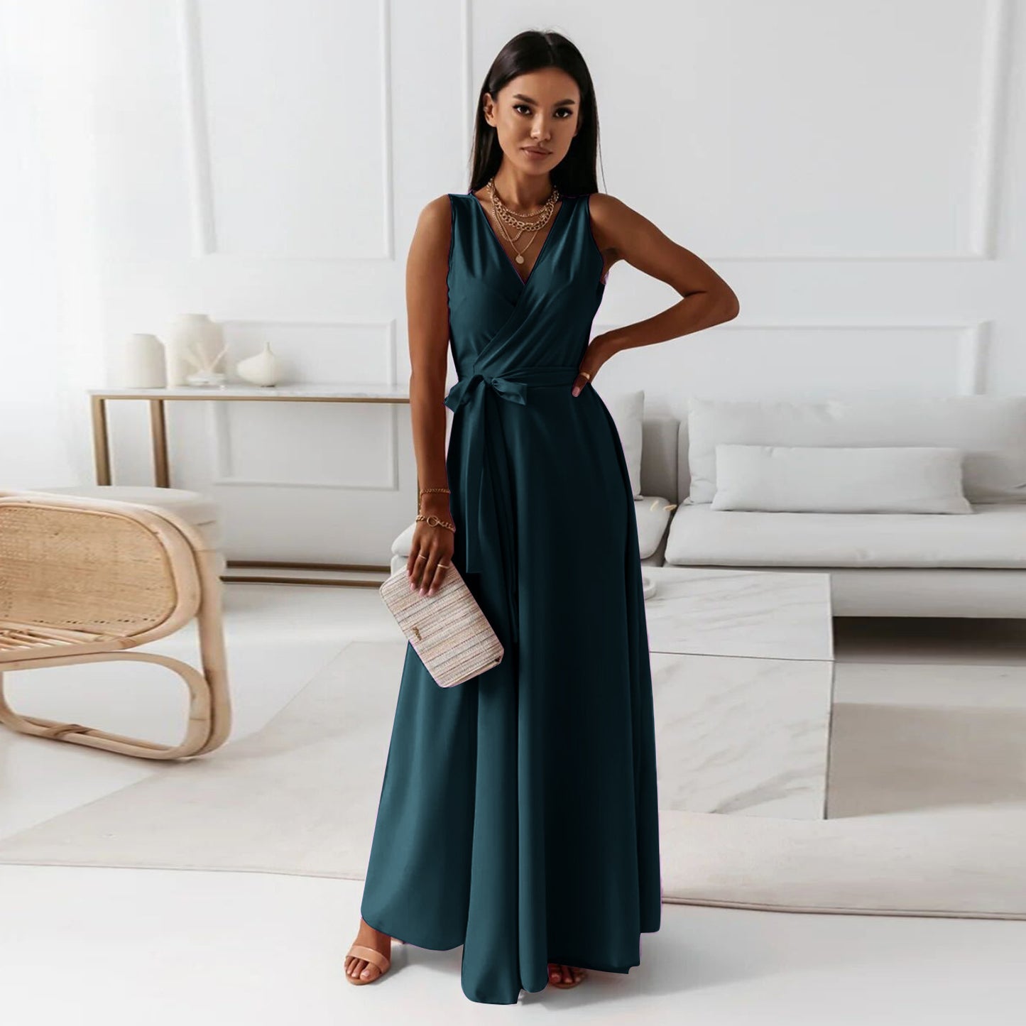 Damen Abendkleid – V-Ausschnitt, ärmellos, Gürtel