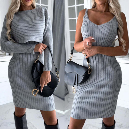 Damen Zweiteiler Set – Langarm Top & Trägerrock