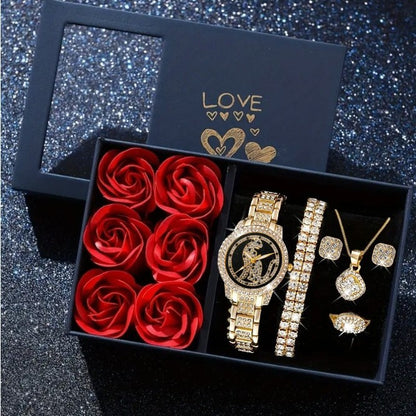 Elegantes Damen-Uhren Set 5 Teile, funkelnde Steinbesetzung